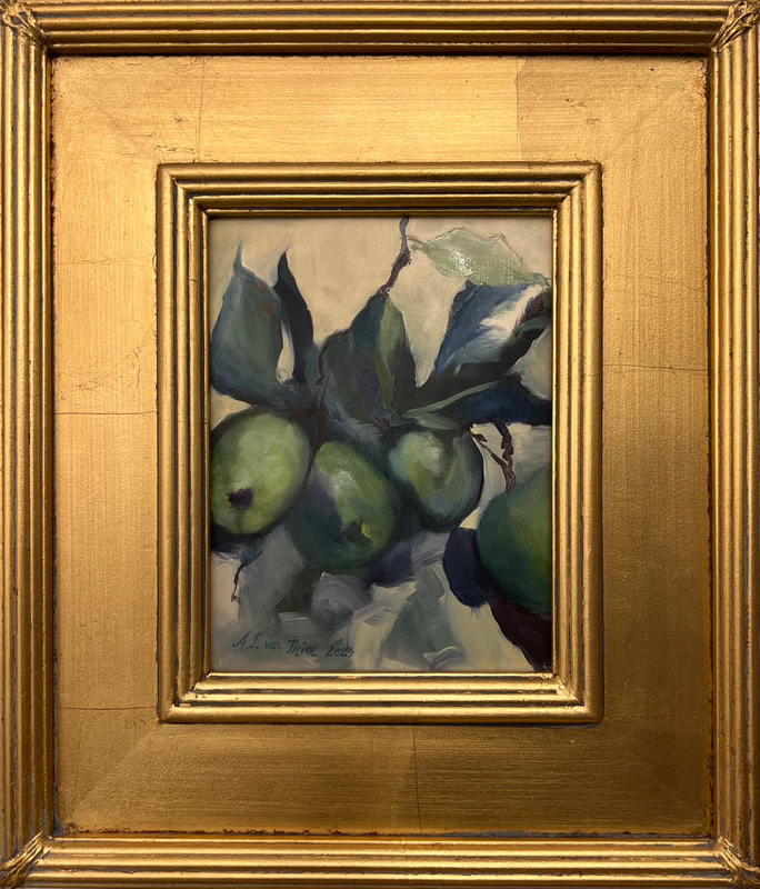 QUINCES oil on Belgian linen panel 6 x 8 inches,  gold leaf wood frame 11 x 14 